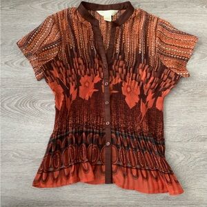 New York City Design Orange Floral Pleated Short Sleeve Button Down Size PL